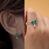 S925 Sterling Silver Vintage Enameled Lotus Earrings Ring Set Women's Fashion Ethnic Style Adjustable Jewelry