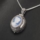 925 Sterling Silver Cameo Locket Pendant Necklace Blue Agate White Shell Openable Pendant Vintage Jewelry