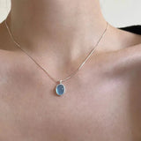 925 Sterling Silver Moonstone/Aquamarine Necklace for Women Oval Shaped Pendant Female Minimalist Elegant Jewelry Gift