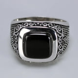 Vintage Punk Silver 925 Jewelry Square Black Stone Rings For Men Engraved Retro Flowers Turkish Signet Man Rings