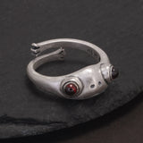 Real 925 Sterling Silver Frog Ring with Red Garnet for Women and Men Adjustable Retro Antiqued Creative Animal Jewelry