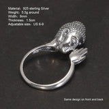 Sterling Silver 925 Buddha Head Ring for Women and Men Praying for Luck Ring Adjustable Buddhist Jewelry