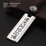 999 Sterling Silver Amitabha Mantra Pendant Rectangle Adjustable Rope Sweater Chain Necklace for Men and Women Buddhist Jewelry