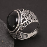 Real Solid 925 Sterling Silver Black Ring Men Vintage Hollow Flowers Rings Open Natural Onyx Stone Large Oval Shape Male Jewelry