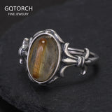 925 Sterling Silver Women Rutilated Quartz Ring Natural Gemstone Antique Thai Silver Vintage Adjustable 5-8 Party Jewelry