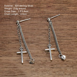 Real Sterling Silver S925 Jesus Cross Vintage Punk Style Earrings Chain Religious Jewelry for Men and Women