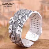 120g Heavy Solid 999 Pure Silver Fish Lotus Cuff Bracelet Engraved Heart Sutra Thick Vintage Thai Silver Bangle Buddhist Jewelry