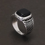 925 Sterling Silver Black Onyx Stone Signet Ring for Men Vintage Retro Pattern Turkish Pinky Rings Punk Rock Trendy Jewelry