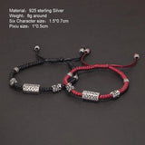 925 Sterling Silver Six Characters Mantra Charm Bracelet with Pixiu Hand Braided Lucky Rope Buddhist Jewelry