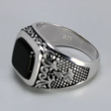 Vintage Punk Silver 925 Jewelry Square Black Stone Rings For Men Engraved Retro Flowers Turkish Signet Man Rings