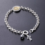 925 Sterling Silver Virgin Mary Link Chain Couple Bracelet Christian Jewelry With Cross Charm