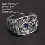 Real 925 Sterling Silver God's Eye Mens Ring Square Blue Zircon Vintage Rock Punk Adjustable Fine Jewelry