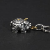 Vintage S925 Sterling Silver Lucky Pixiu Pendant Necklace with Six Character for Men and Women Rotatable Animal Jewelry