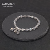 Real 925 Sterling Silver Beaded 6mm Natural Grey Moonstone Bead Charms Bracelet for Women Girl Elastic Bracelet Dainty Jewelry