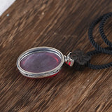 Genuine Solid 925 Silver Vintage Simulated Red Ruby Pendant Women Necklace Sandalwood Rope Braided Female Necklace Jewelry