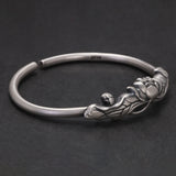 Solid 999 Pure Silver Lotus Open Bracelet for Women Elegant Vintage Retro Ethnic Style Jewelry Birthday Gift for Lady