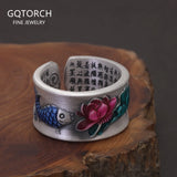 999 Pure Silver Lotus Fish Ring for Women and Men Heart Sutra Engraved Enameling Vintage Fashion Buddhist Jewelry