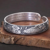 999 Pure Silver Buddhist Fish Lotus Bracelet Heart Sutra Engraved Open Cuff Bangle Vintage Adjustable Handmade Spiritual Jewelry - GQTORCH Jewelry