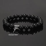 8mm Natural Stone Beaded Bracelet for Men Women 925 Sterling Silver Vajra Six Words Mantra Charm Obsidian Agate Handmade Jewelry