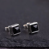 S925 Sterling Silver Vintage Craft Black Agatestud Earrings Women Simple Square Zircon Earrings Thai Silver Jewelry