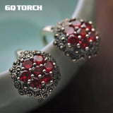 Real 925 Sterling Silver Handmade Flower Earrings Clip For Women Inlaid Red Garnet Natural Stone Vintage Style Brinco