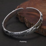 999 Pure Silver Fish Open Cuff Bracelet for Men Women Lotus Engraved Vintage Retro Bangle Fengshui Ethnic Style Jewelry
