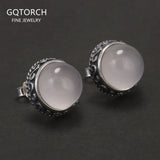 925 Sterling Silver 12mm Chalcedony Round Stud Earrings for Women Natural Stone Vintage Female Jewelry Gift Clearance Sale