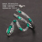 S925 Sterling Silver Snake Rings For Women with Green Zircon Stone Antique Punk Adjustable Animal Jewelry