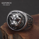 925 Sterling Silver Lion Ring for Men Red Garnet Eyes Adjustable Punk Retro Hip Hop Signet Ring Cool Biker Jewelry