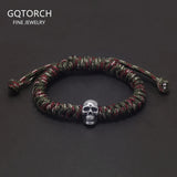 7/8mm Handmade 999 Pure Silver Skull Charm Braided Rope Bracelet Wristband Military Green and Black Color Punk Retro Jewelry