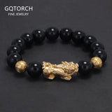 10mm 12mm Pixiu Charm Natural Stone Beads Bracelet for Men Black Onyx Tiger Eye Black Obsidian Vintage Fengshui Luck Jewelry