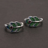 925 Sterling Silver Peacock Feather Ring Earrings for Women Green Color Enameling Vintage Fashion Jewelry Set