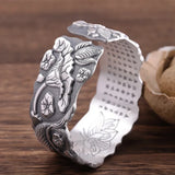 120g Heavy Solid 999 Pure Silver Fish Lotus Cuff Bracelet Engraved Heart Sutra Thick Vintage Thai Silver Bangle Buddhist Jewelry