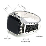 Genuine Solid 925 Sterling Silver Turkish Rings For Men Black Band With Stone Square Natural Onyx Vintage Male Jewelry Anelli