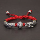 999 Sterling Silver Charm Handcrafted Lucky Red String Braided Bracelet Double Dragon for Men and Women Buddha Jewelry