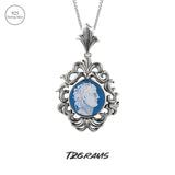 S925 Silver Blue Agate Cameo Pendant Necklace White Shell Portrait Geometric Vintage Retro Large Pendant Women Jewelry