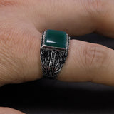 925 Sterling Silver Rings Mens Rings Vintage Flower Engraved Black Green Red Natural Onyx Stone Square Shape Punk Turkey Jewelry