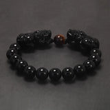Natural Obsidian Stone Beads Pixiu Bracelet for Men Black/Gold Obsidian Vintage Chinese Fengshui Wealth and Luck Jewelry