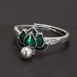 925 Sterling Silver Green Lotus Ring Earrings with Dangle Bead Enameled Women's Vintage Fashion Elegant Jewelry Set