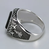 Vintage Punk Silver 925 Jewelry Square Black Stone Rings For Men Engraved Retro Flowers Turkish Signet Man Rings