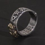 Vintage Pure Silver S925 Six Words Heart Sutra Ring Men's Adjustable Golden Pixiu Vajra Buddhist Religious Fine Jewelry