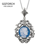 S925 Silver Blue Agate Cameo Pendant Necklace White Shell Portrait Geometric Vintage Retro Large Pendant Women Jewelry