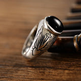 925 Sterling Silver Ring for Men and Women Vintage Thai Silver Angel Wing Cross Black Agate Ring Inlaid with Gemstones Jewelry