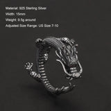 Genuine 925 Sterling Silver Punk Dragon Open Ring for Men Adjustable Retro Vintage Thai Silver Fashion Gothic Animal Jewelry