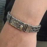 100% S925 Sterling Silver Wide Braided Charm Bracelet for Men Antique Thai Silver Symbol Woven-Chain Handmade Fine Jewelry