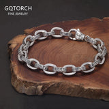 Solid 925 Sterling Silver Six Character True Word Oval Link Chain Bracelet Vintage Punk Retro Fashion Buddhist Jewelry