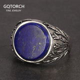 Genuine Solid 925 Sterling Silver Rings With Natural Lapis Lazuli Tree Branches Engraved Turkish Finger Rings Man Ring - GQTORCH Jewelry