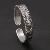 999 Pure Silver Vintage Pixiu Bite Coin Open Cuff Bracelet for Men Black Color Good Luck Fortune Wealth Feng Shui Jewelry