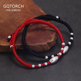 4mm Handmade Braided Rope Black Red Lucky Charm Bracelet with 990 Pure Silver Beads Adjustable Wristbands Men Women Fine Jewelry