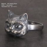 925 Sterling Silver Cat Head Ring Men and Women Lovers Retro Animal Open Adjustable Ring Jewelry Gift